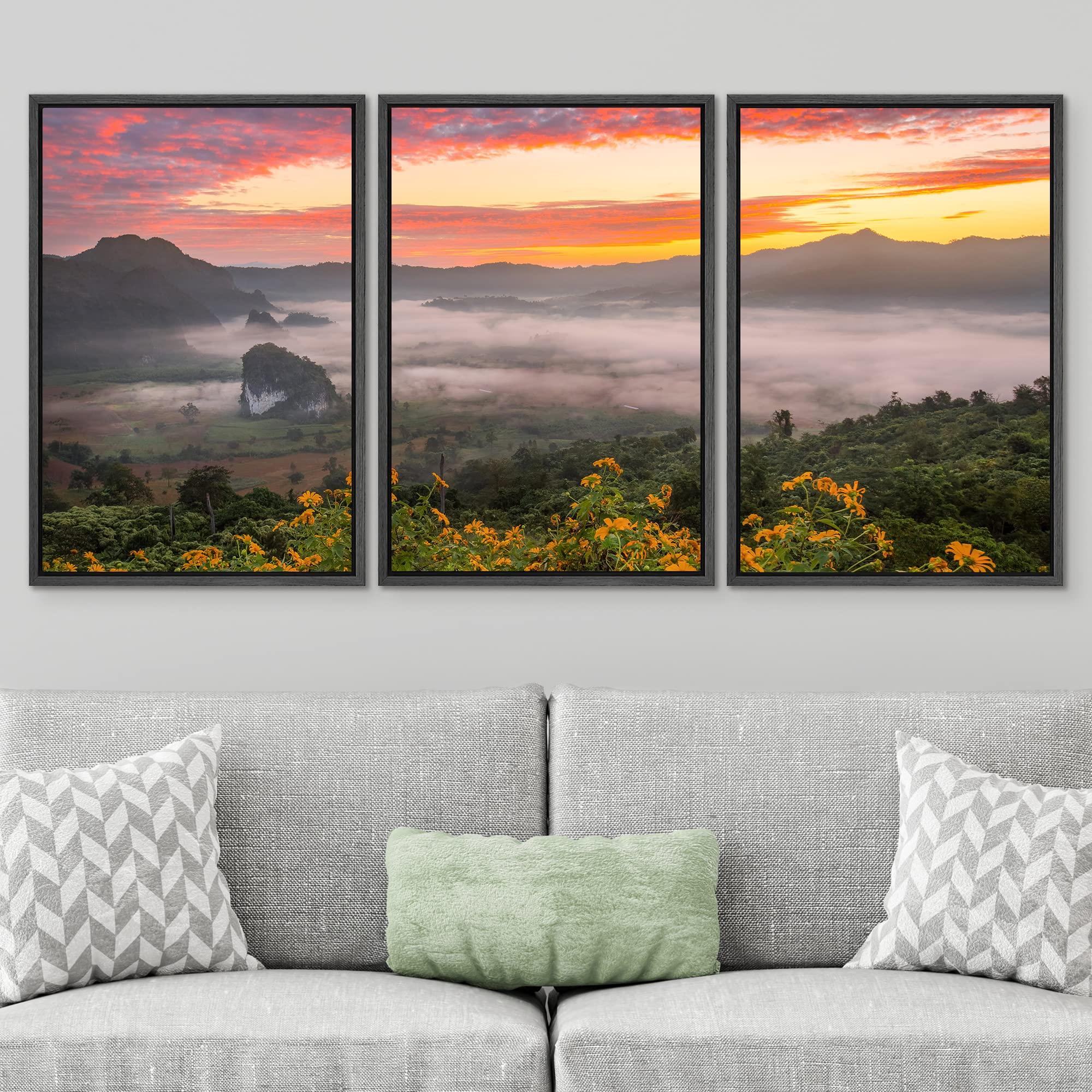 SIGNWIN SIGNWIN Framed Canvas Print Wall Art Set Sunset Sky Over Autumn Mountain Range Rustic Nature Photography Realism Decorative Wilderness Calm/Zen for Living Room, Bedroom, Office - 24"x36"x3 Black