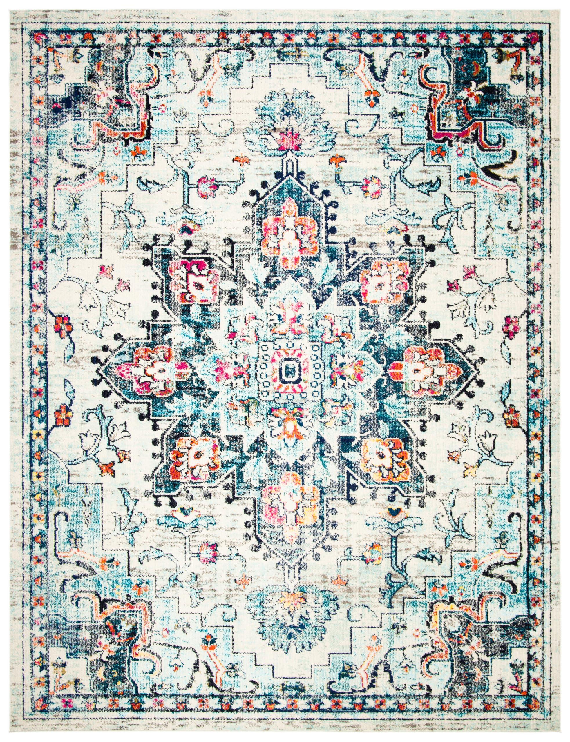 Safavieh SAFAVIEH Madison Collection Area Rug - 8' x 10', Cream & Blue, Boho Chic Medallion Distressed Design, Non-Shedding & Easy Care, Ideal for High Traffic Areas in Living Room, Bedroom (MAD473B)