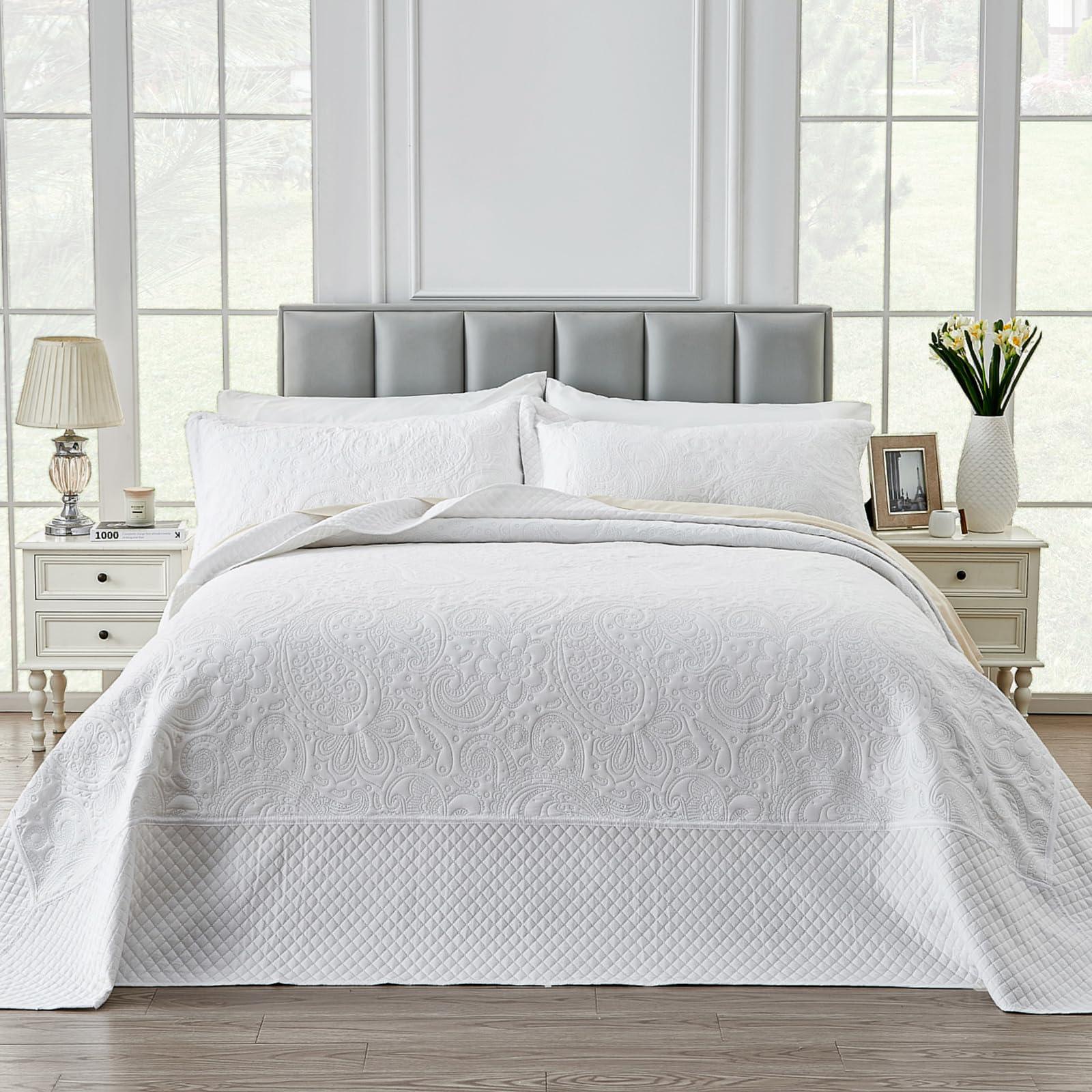 SUCHBED SUCHBED California King Bedspread Set Oversized King Bedspreads 128x120 inches Cal King Quilt Bedding Set Extra Wide King Quilt Paisley Quilt White Coverlet Sets with Shams
