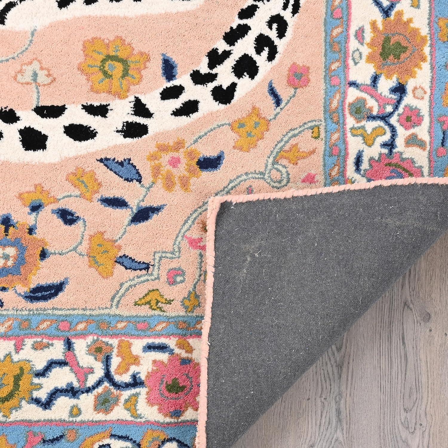Restoration and Renovation Handmade Cheetah Wool Area Rug - Traditional Animal Print Design with Modern Twist | Large, Plush, Thick & Soft Carpet with Vibrant Floral Border - for Living Room, Bedroom (Soft Pink, 9' Round)