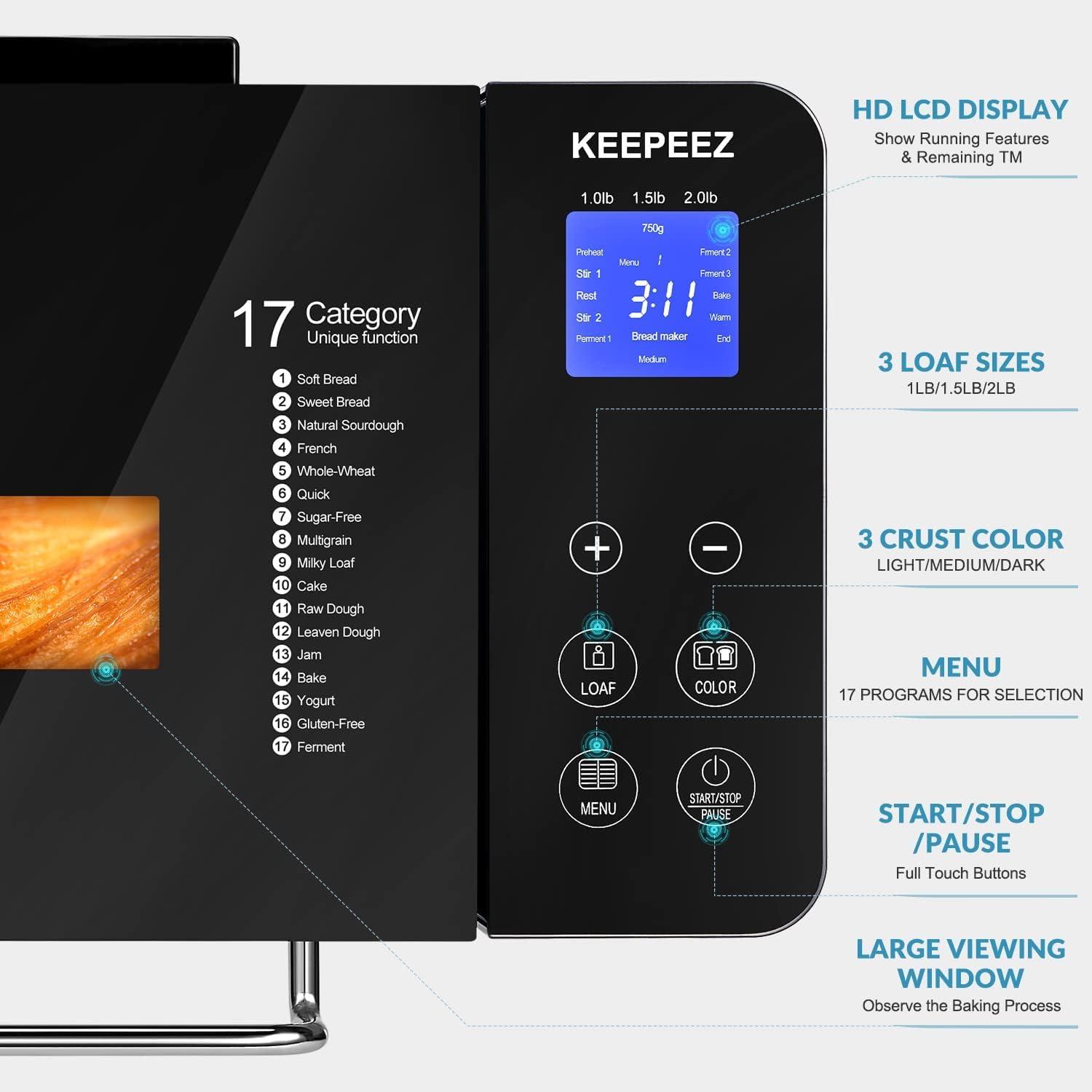 KEEPEEZ 17-IN-1 All Stainless Steel Bread Maker, 2LB Bread Machine BPA-Free Non-Stick 5-Layer Superior Die-Cast Ceramic Pan, Auto Fruit Nut Dispenser, 2 Paddles & Full Touch Panel,15H Timer&Keep Warm, Recipes