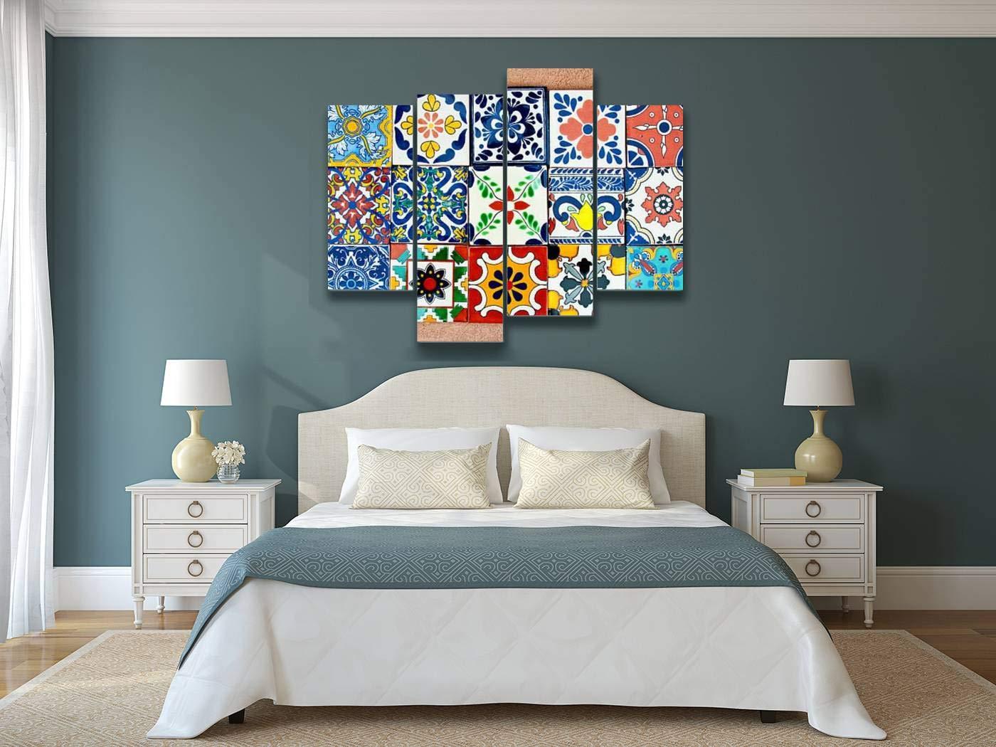 Weone Artwork Talavera Handcrafted Mexican Ceramic Tile Canvas Wall Art Hanging Paintings Modern Artwork Abstract Picture Prints Home Decoration Gift Unique Designed Framed 4 Panel