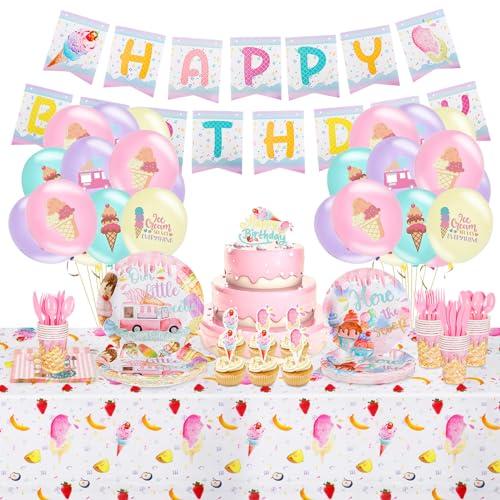 Qonmpcvu Qonmpcvu 183 PCS Ice Cream Party Decorations, Ice Cream Birthday Party Supplies, Ice Cream Party Supplies Set, Ice Cream Backdrop Tablecloth With Vibrant Paper Plates, Napkins, Cups Serve 20 Guests