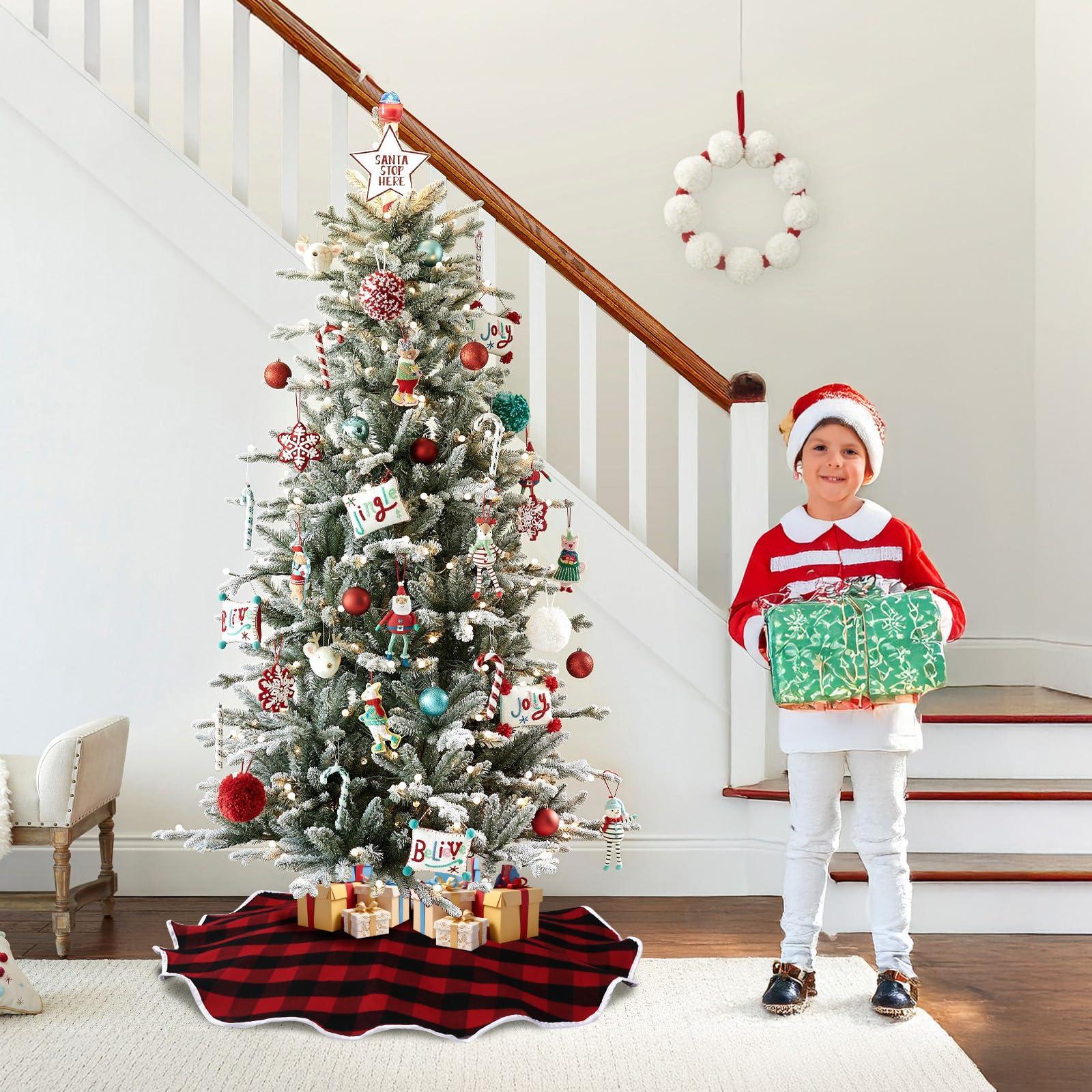 OurWarm OurWarm Christmas Tree Skirt 36 Inch, Buffalo Plaid Red Tree Skirt for 6ft Tree & 4ft Tree, Double Sided Burlap Tree Skirt Snowflake Xmas Tree Skirts for Pencil Tree Boho Rustic Farmhouse Decor