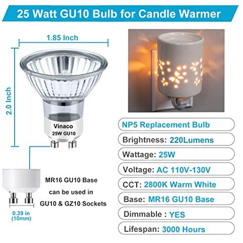 Vinaco Vinaco GU10 Bulb 25W 120V, 6 Pack Long Lifespan MR16 GU10 Halogen Bulb, GU10 Dimmable Warm White 2800K for NP5 GU10 120V 25W Bulb Candle Warmer, GU10+C 120V 25W Bulb for Track Light Bulbs, Hood Bulbs