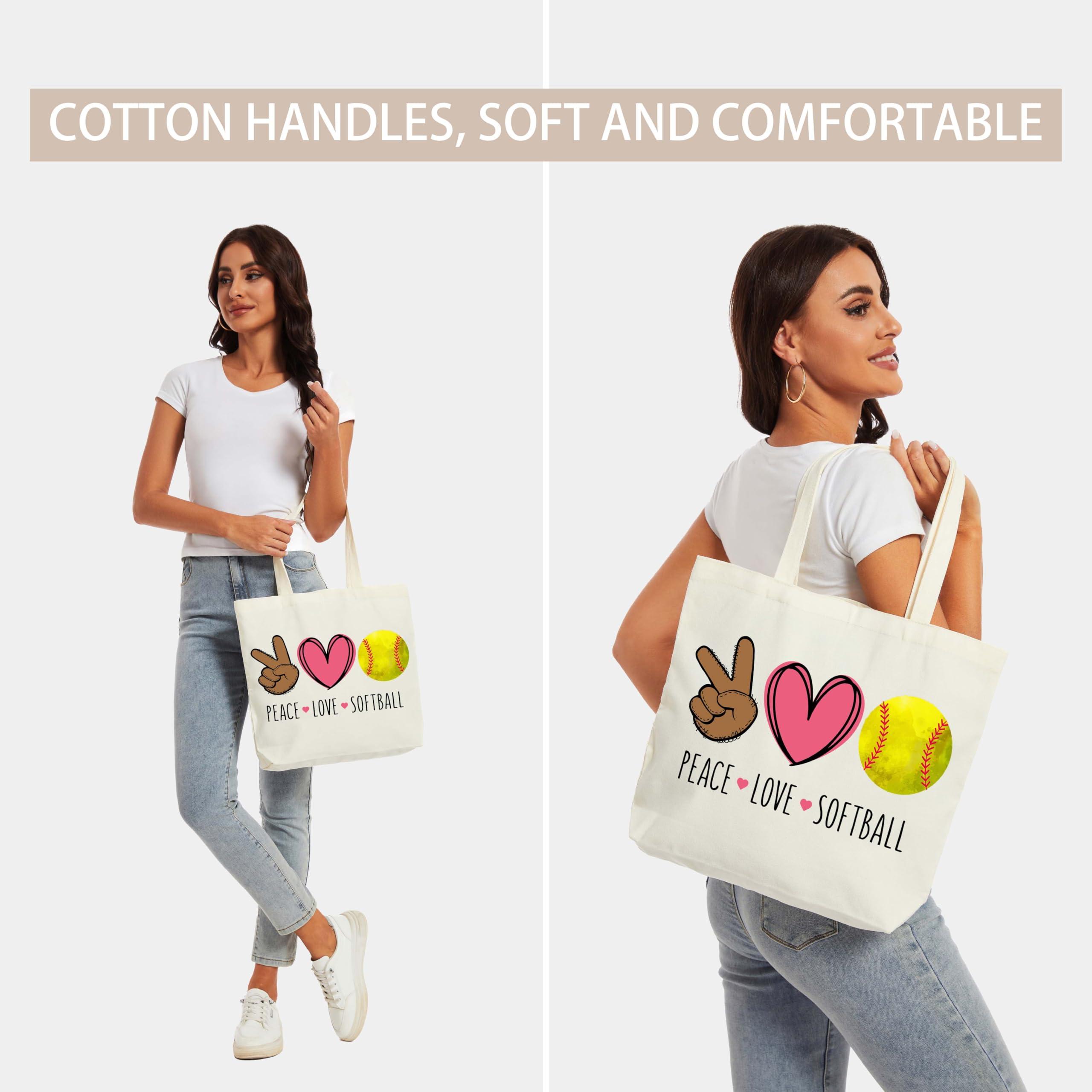 seclate seclate Softball Tote Bag, Peace Love Softball Bags for Women, Reusable Cloth Cotton Bags for Travel Shopping Beach, Sports Lover Birthday Gifts - J01