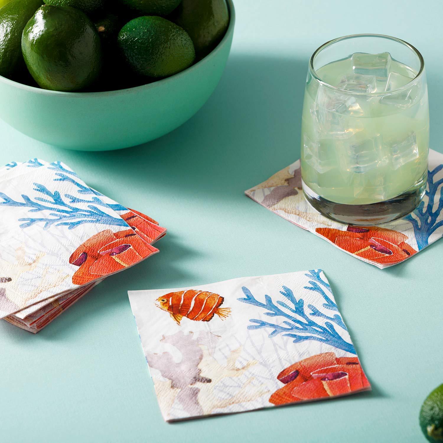 X&O Paper Goods X&O Paper Goods Ocean Coral X&O Paper Goods Beverage and Cocktail Napkins, 20pc, 5\" W x 5\" L, 5\" 5\" L