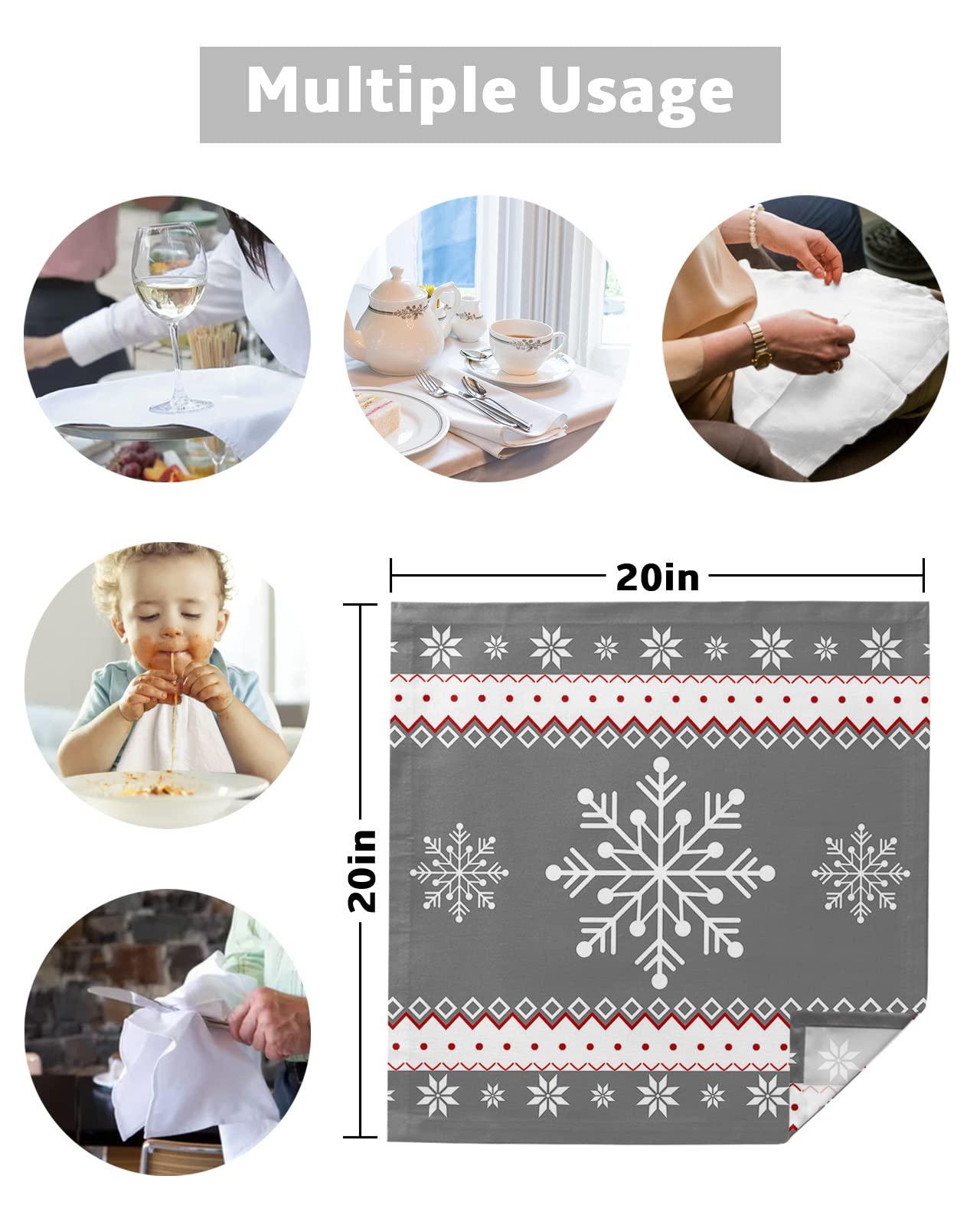 Carosoffe Christmas Cloth Napkins Set of 8, Winter White Snowflake Gray Merry Christmas Dinner Napkins Cloth Washable, Cocktail Napkins Reusable for Wedding, Party, Birthday (20\"x20\")
