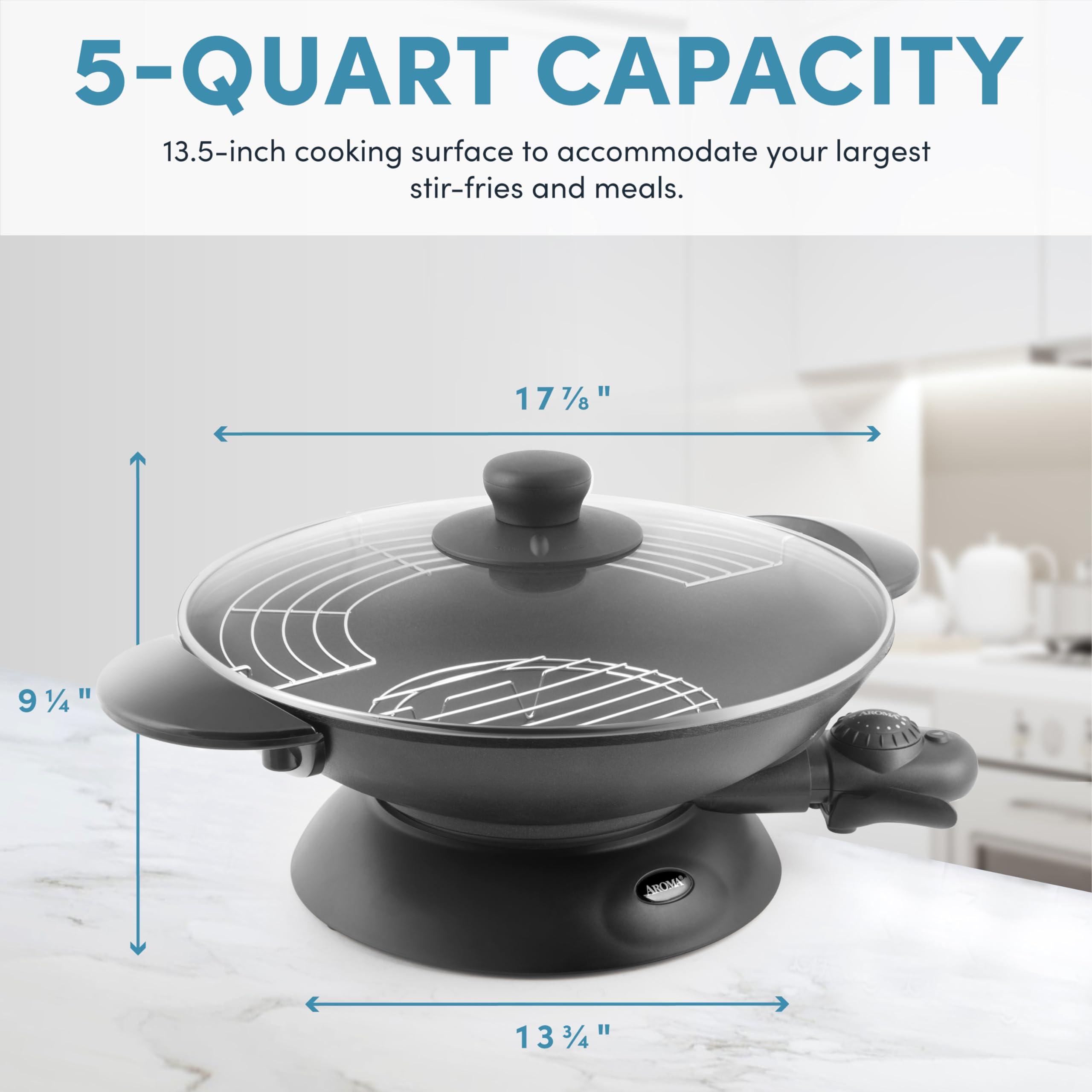 Aroma Housewares Aroma Housewares AEW-306 Electric Wok with Tempered Glass Lid Easy Clean Nonstick, Cooking Chopsticks, Tempura and Steaming Racks, Professional Model, Black