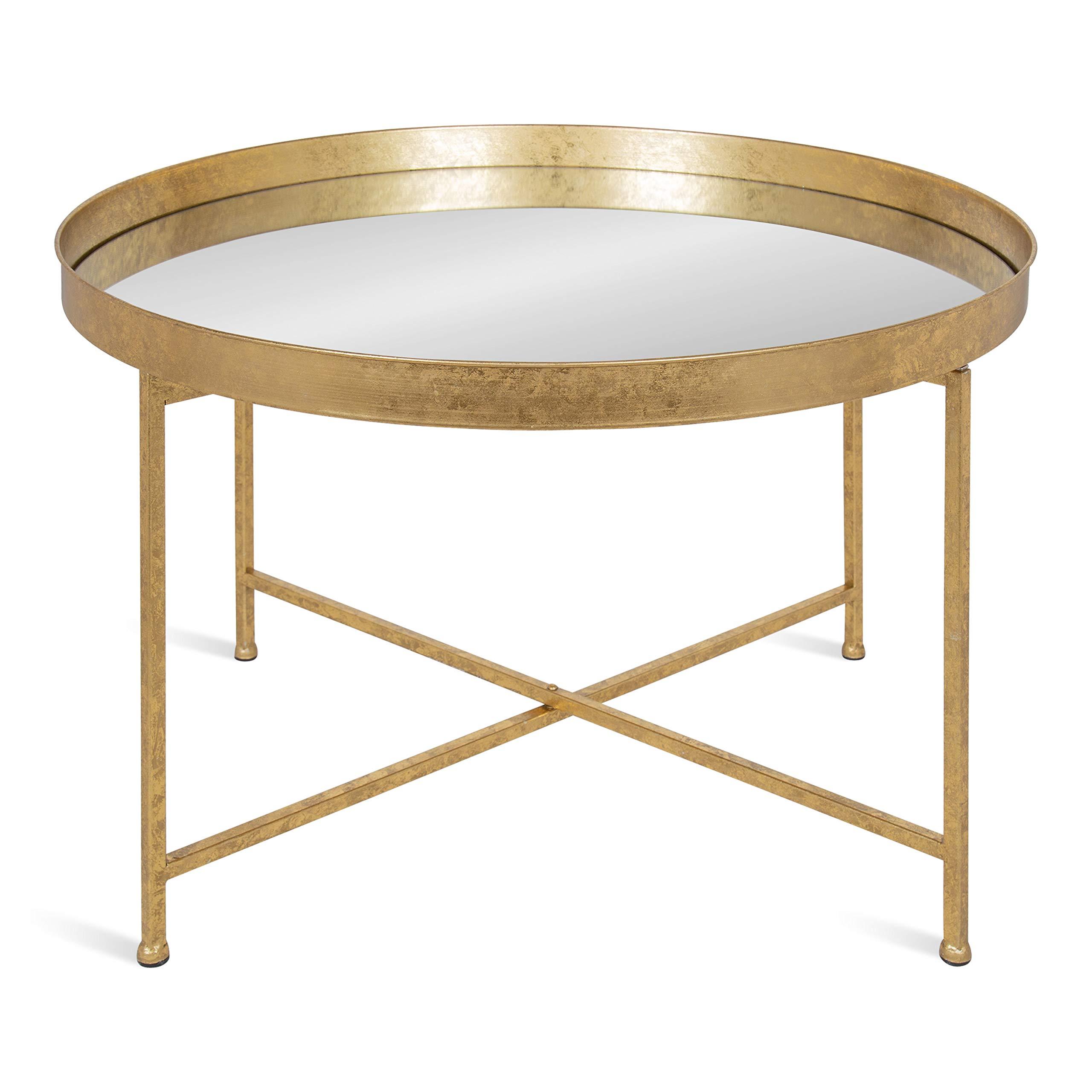 Kate and Laurel Kate and Laurel Celia Metal Foldable Round Accent Coffee Table, 28.25" x 28.25" x 19", Mirrored Surface and Gold Frame, Modern Minimalist Design and Detachable Magnetic Tabletop
