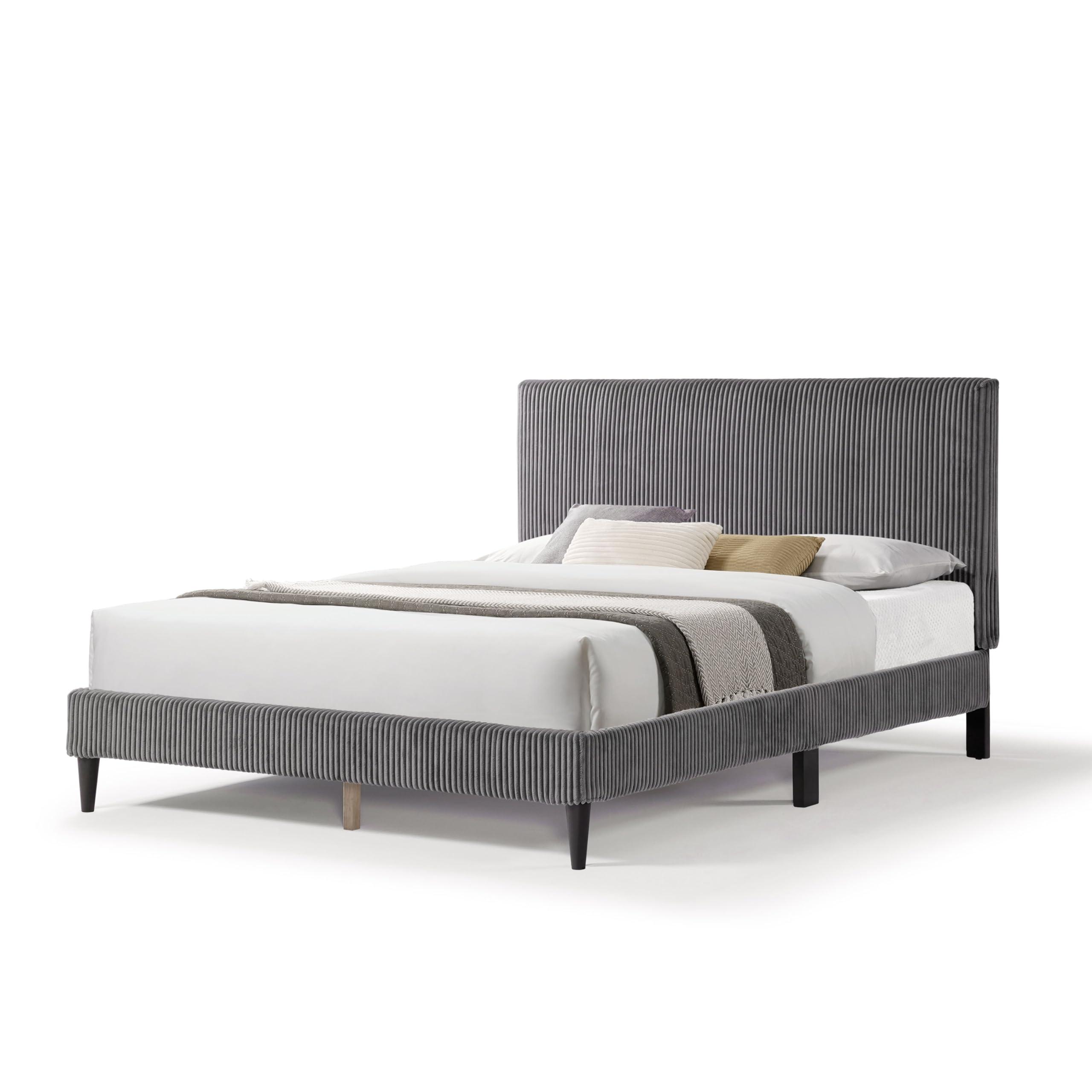 HOMES: Inside + Out HOMES: Inside + Out Lysandra Modern Bed Frame Queen Size with Upholstered Headboard and Corduroy Fabric Cover, No Box Spring Needed for Bedroom, Guest Room, Dark Gray