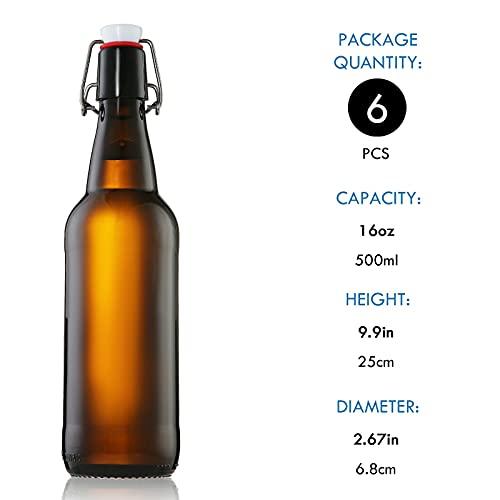 YEBODA YEBODA 16 oz Amber Glass Beer Bottles for Home Brewing with Flip Caps, Case of 6