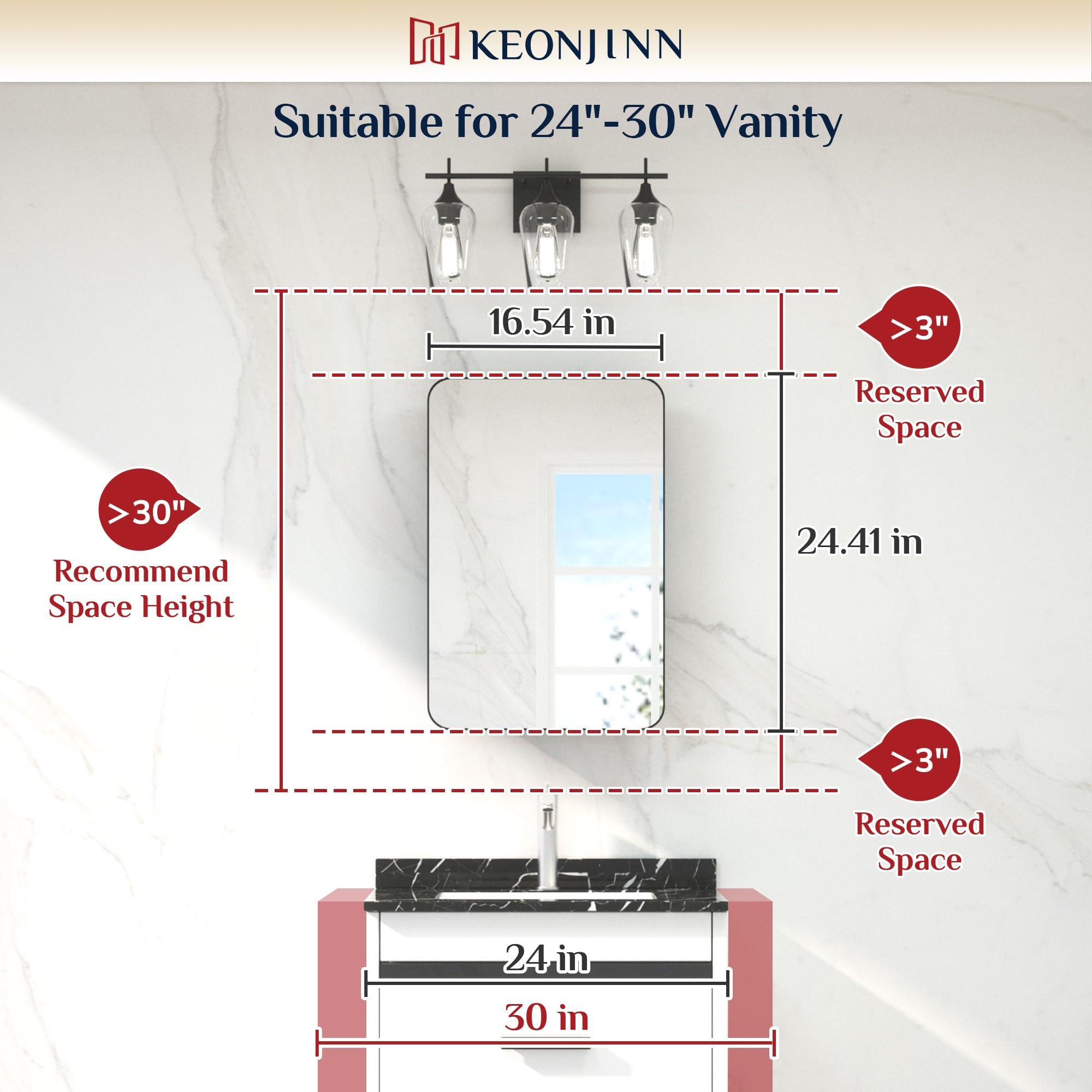 Keonjinn Keonjinn 16 x 24 Inch Brushed Nickel Medicine Cabinets for Bathroom with Mirror Stainless Steel Framed Rounded Rectangle Adjustable Shelves Modern Recessed Silver Medicine Cabinet for Bathroom Storage