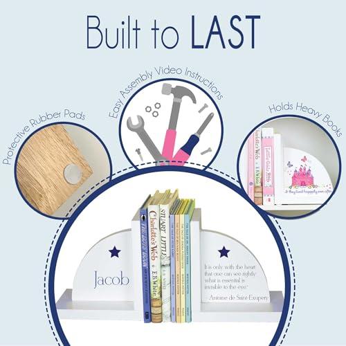 My Bambino Personalized Bookends Custom White Wood Book Ends for Children\'s Books (Rocket and Planets)