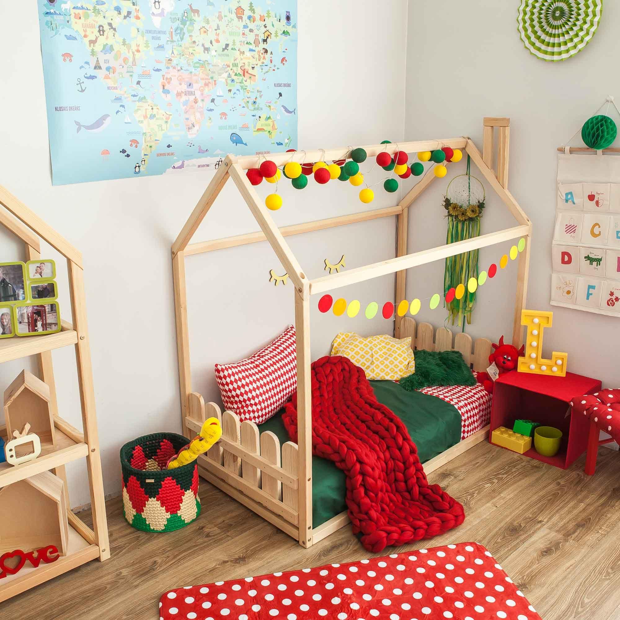 Sweet Home From Wood Montessori house bed with rails, Montessori toddler house bed frame, Toddler floor level bed with rails