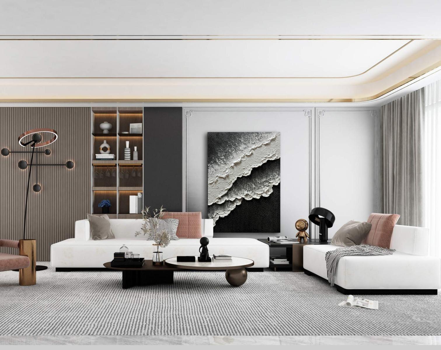 Slyart Slyart Handmade Black and White Ocean Wave Wall Art 28x40 Inches Modern Abstract Beach Canvas Painting Texture Vertical Wall Art for Living Room Bedroom