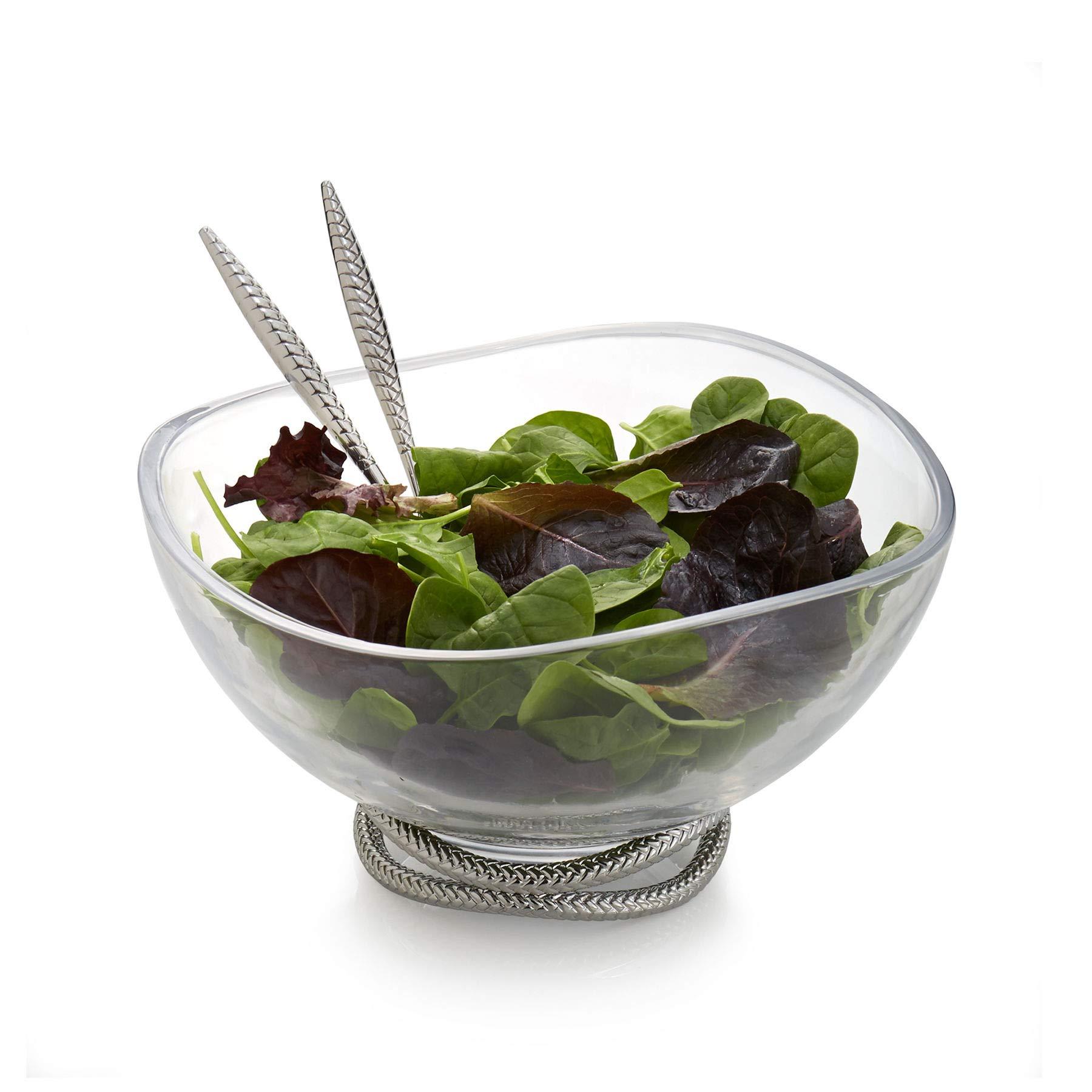 nambe nambe Braid Glass Salad Bowl with Servers | Large 12-Inch Mixing and Serving Dish | Thick Glass Bowl for Salads, Fruit, and More | Stainless Steel Serving Spoons | Dishwasher Safe