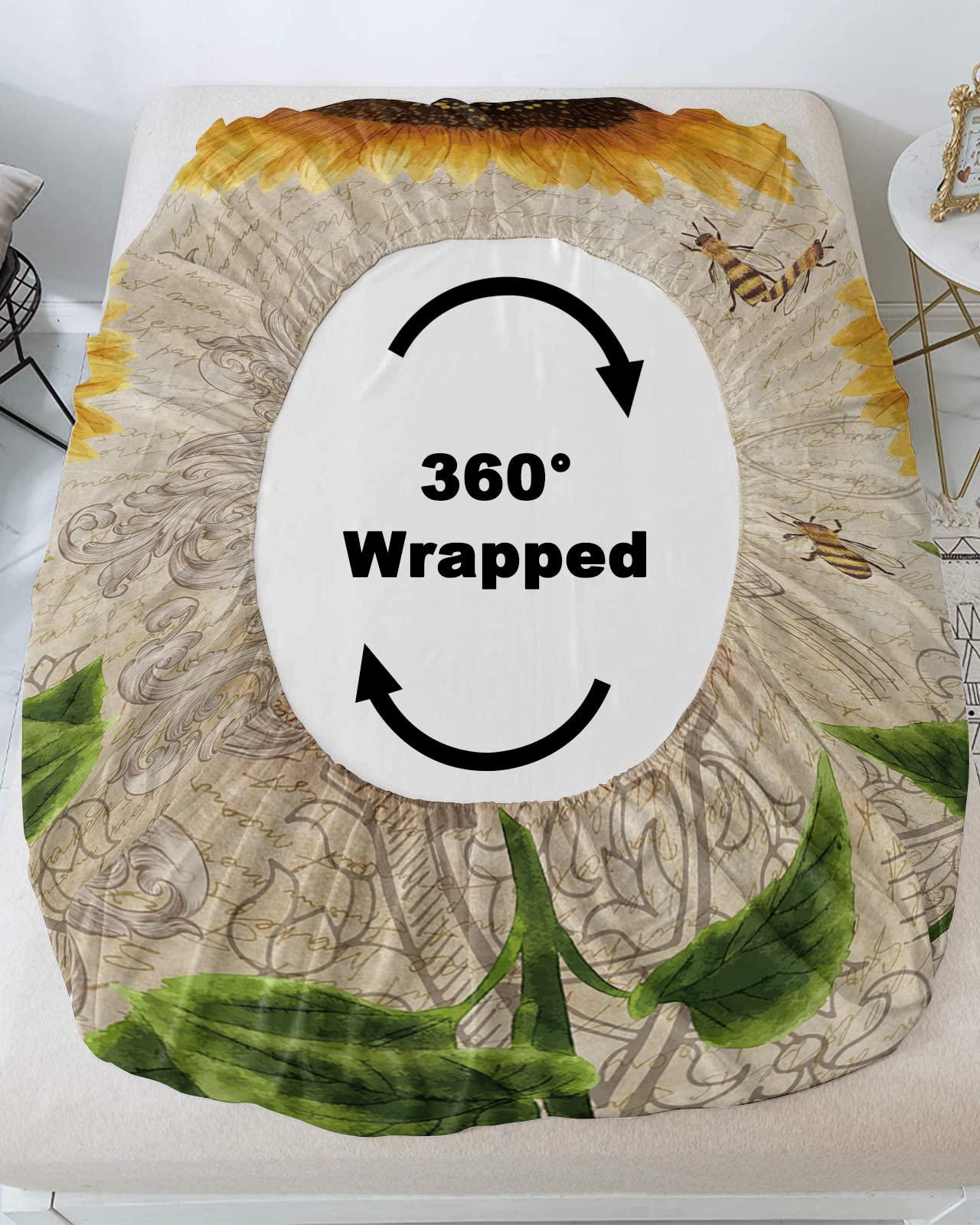 ZFUNCING Spring Sunflowers and Garden Queen Bee Fitted Bed Sheets Twin Size Fit 5-16inch Deep Pockets,Luxury Bottom Sheet Bedding Set with Pillow Case,Old Letter Fitted Sheet for Mattress