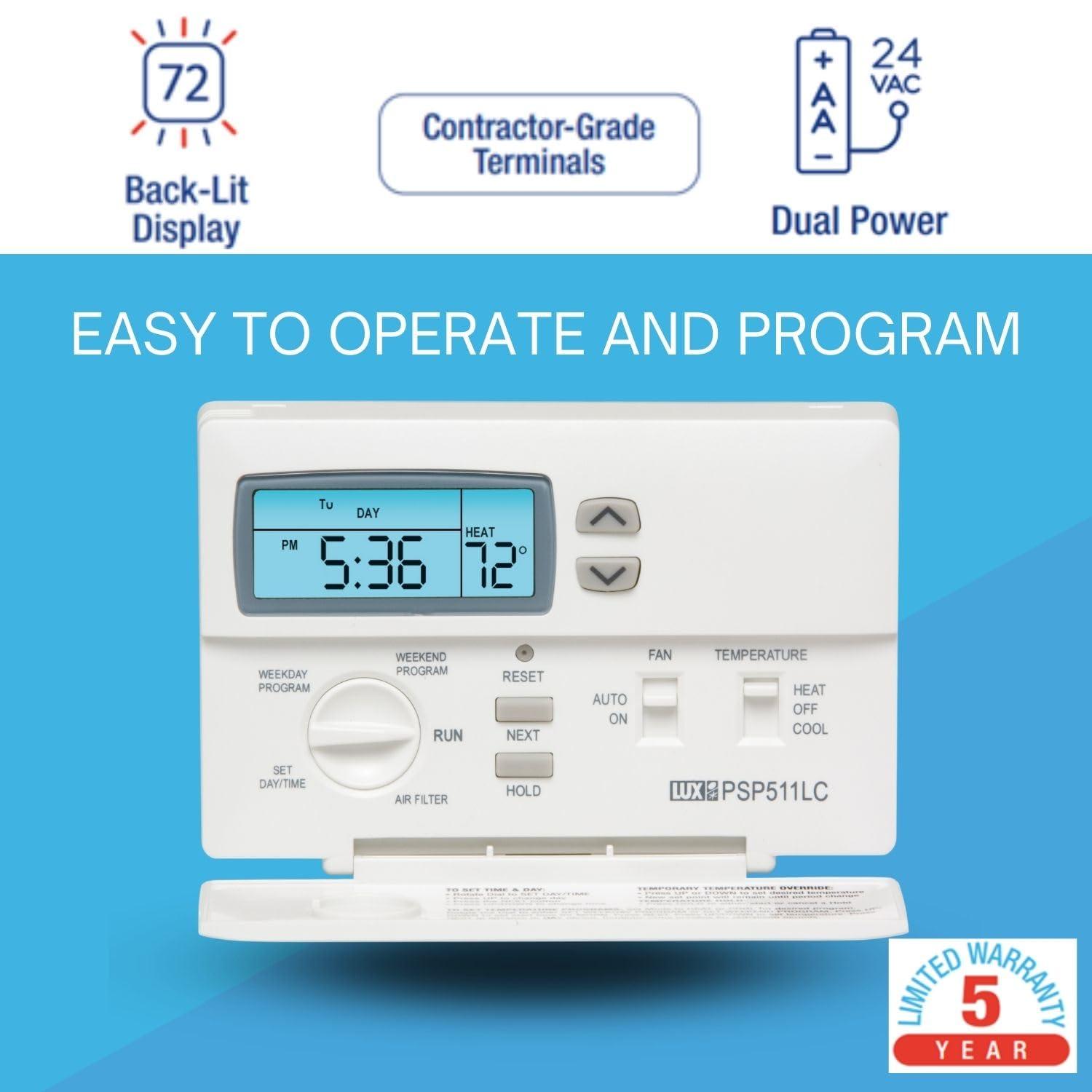 LuxPRO Lux Pro PSP511LC Programmable 5-2 Day Thermostat for Home Use; 1 Heat, 1 Cool, with Backlight