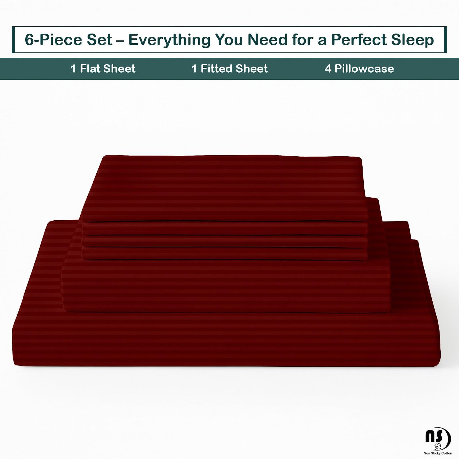 NON Sticky cotton Queen Size Sheet Set - 6 Piece Set - 400-Thread-Count 100% Egyptian Cotton Bed Sheets - Deep Pockets - Easy Fit - Bed Sheets Queen Size Set - Burgundy Stripe Bed Sheets - Queens Sheets - 6 PC