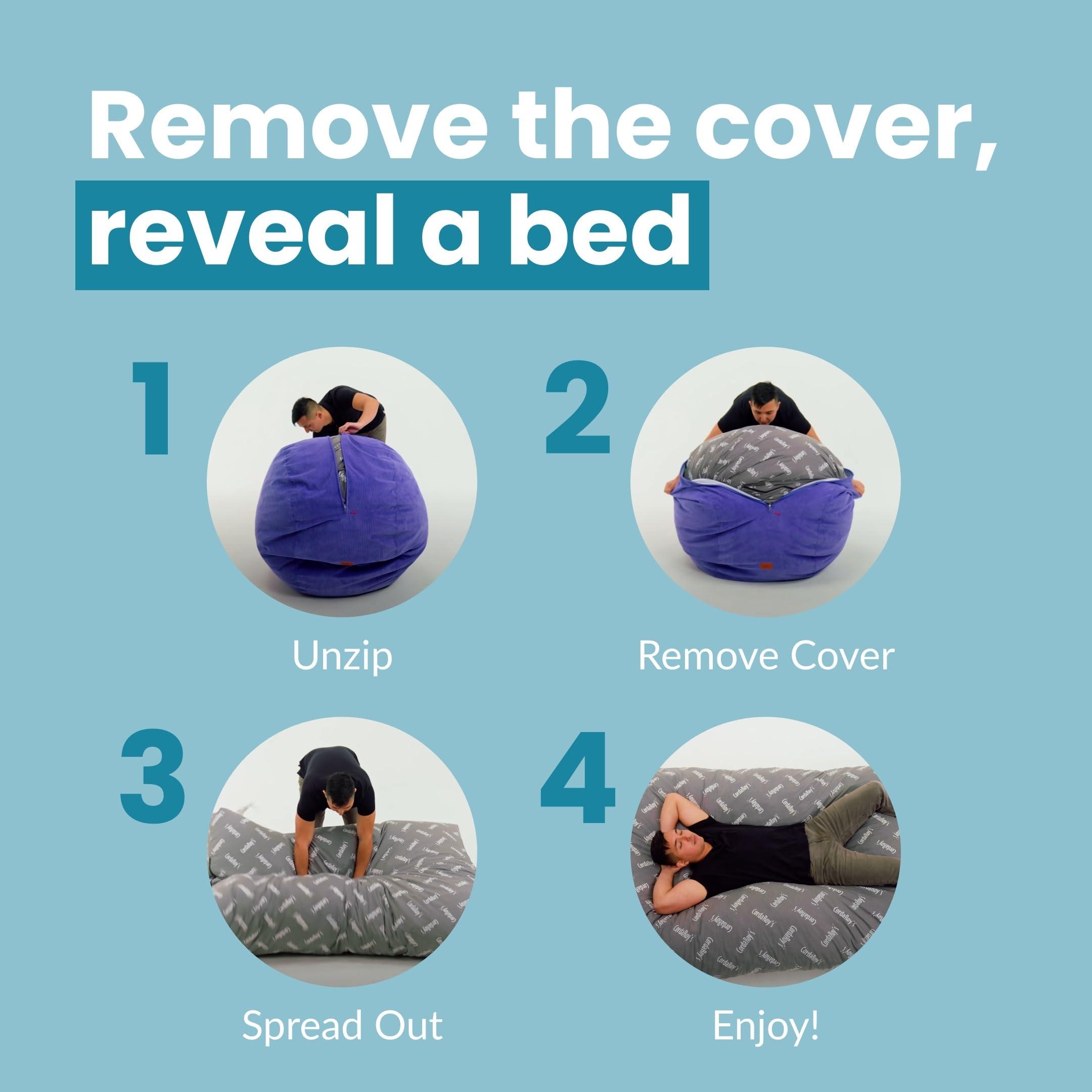 CordaRoy\'s CordaRoy\'s Faux Fur Bean Bag Chair, Convertible Chair Folds from Bean Bag to Lounger, As Seen on Shark Tank, Grey - Queen Size