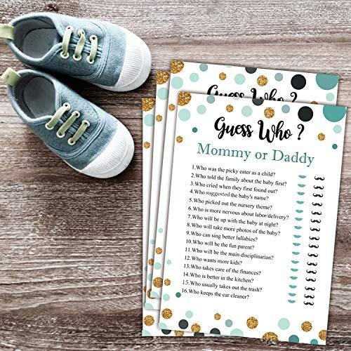 Antgiftshop 25 Guess Who Mommy or Daddy Fun Baby Shower Game Idea For Girl or Boy Cute Gold Gender Neutral Party, Funny Activity Questions at Gender Reveal Bundle, Party Activities Supplies For Kids, Mom, Dad
