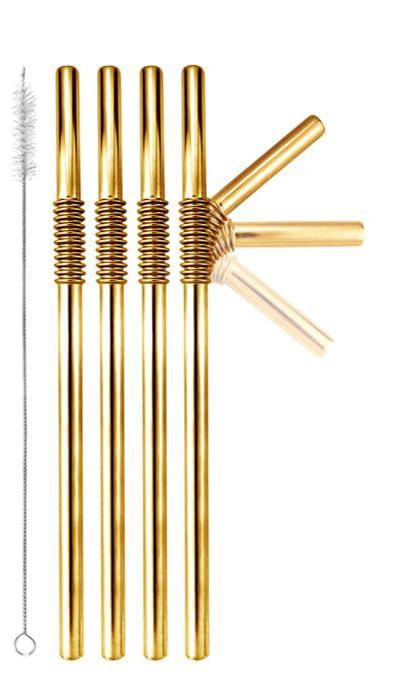 Nuts Bendable Straw | The Only Flexible Stainless Steel Straw | Patented & Hygienic Certified | Metal Straw | Reusable | Drinking Straws | 4 pcs Set + Straw Brush Cleaner (golden)