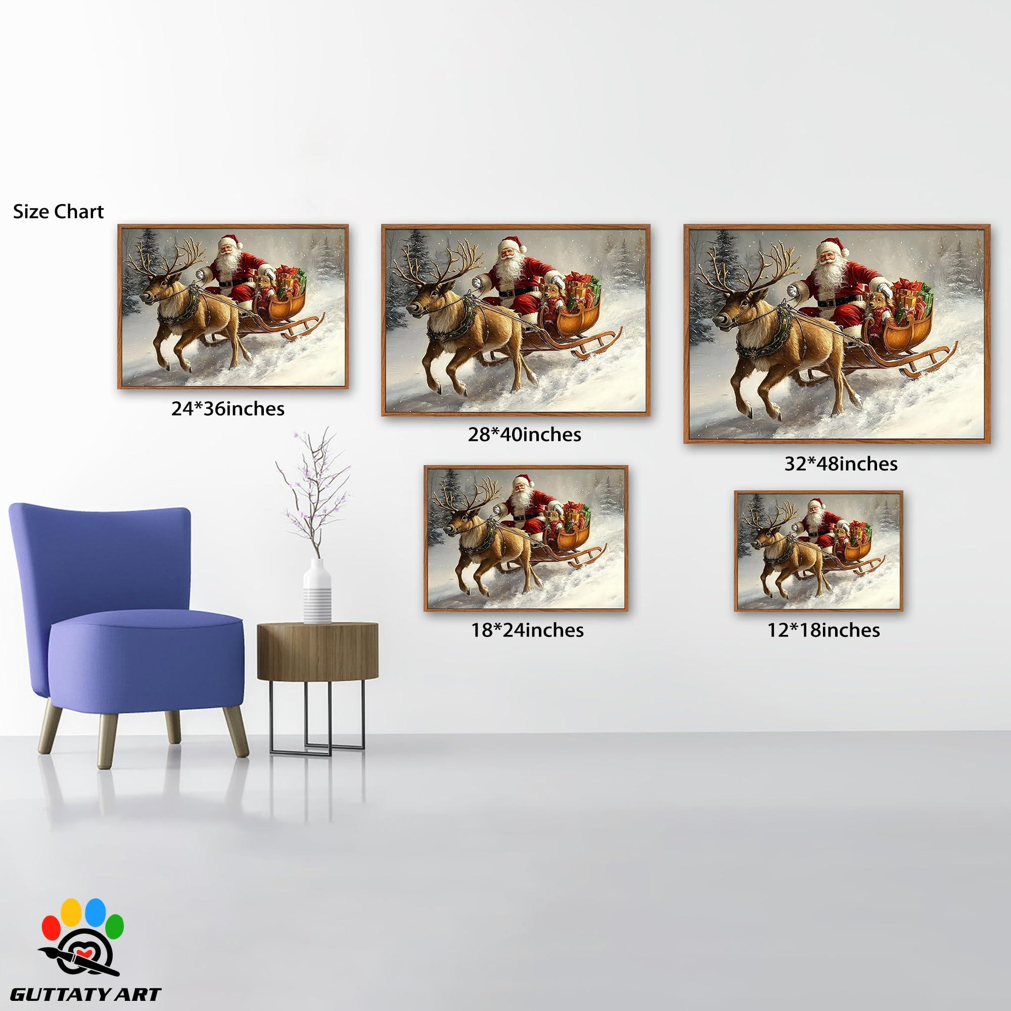 GUTTATY Christmas Santa Pictures Canvas Prints, Funny Christmas Eve Canvas Wall Painting, Santa Claus Rides a Reindeer Sleigh Hanging Artwork for Living Room, Bedroom, Nursery Fake Framed,28x40 Inch