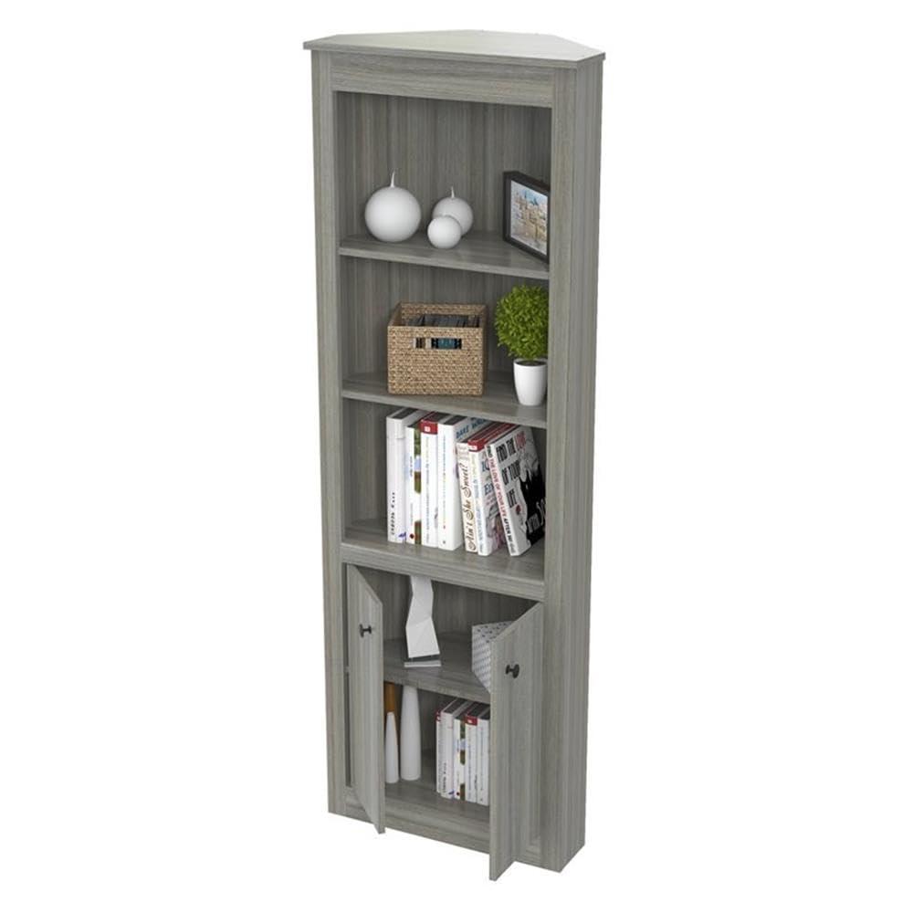 Inval Inval Space-Saving Design, Gray Smoke Oak Corner Bookshelf with 3 Open 2 Concealed Shelves, Modern Wood Bookcase
