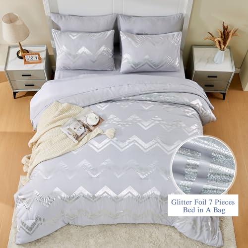 Wowelife Wowelife 6 Pieces Silver Grey Twin Comforter Set Gray Kids Twin XL Comforter Bedding Sets College Dorm for Girls & Boys Bed in A Bag Glitter with Sheets for Kids, 2 Pillow Shams and 1 Pillow Case