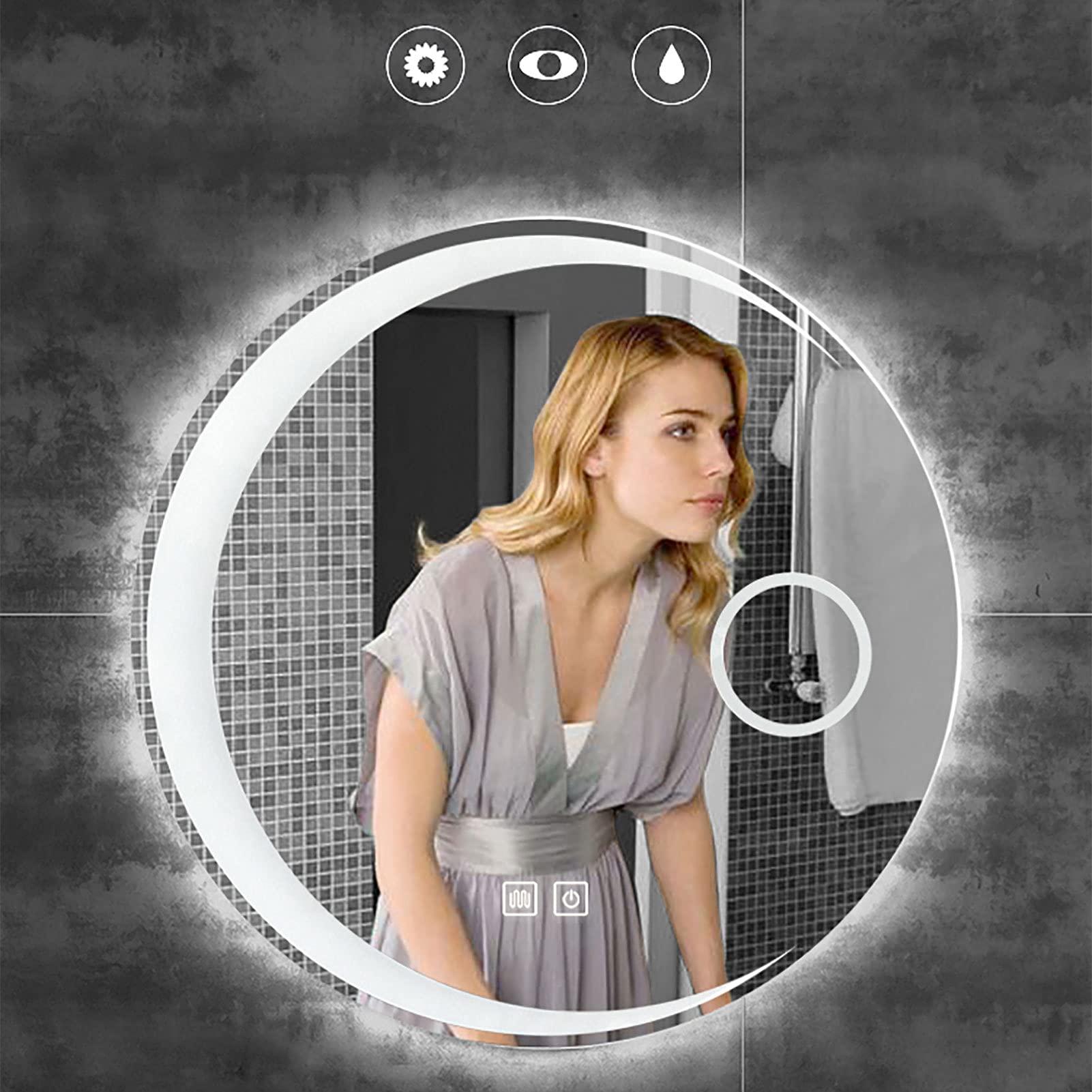 WXZX LED Round Mirror Bathroom Vanity Mirror Lighted Makeup Mirror with Lights and Magnifier Circle Moon Wall Mounted Mirror, Dimmable, for Washroom, Entryway, Living Room, Vanity Mirror and More