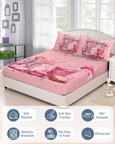 ZFUNCING Valentine\'s Day Fitted Sheet Twin XL Size,Dessert Macaron Cake Drinks Bottom Sheets Bedding Set 2pcs for Girls Women Room Decor,Romantic Pink Deep Pocket Bed Sheet&Pillowcases
