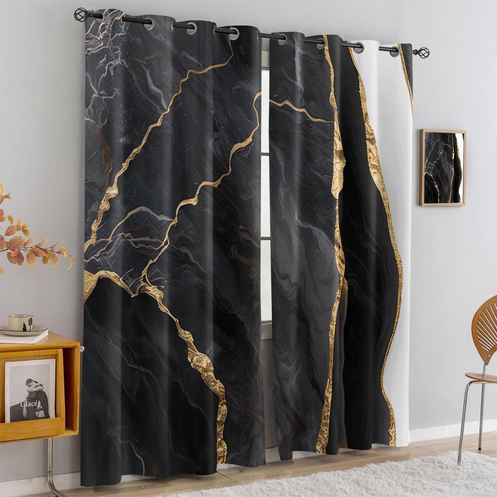 LNUEFE Abstract Black Grey Marble Blackout Curtains, Black and White Marble Golden Stripes Curtain Panels for Bedroom - Grommet Thermal Insulated Room Darkening Curtains for Living Room 108" W x 84" L