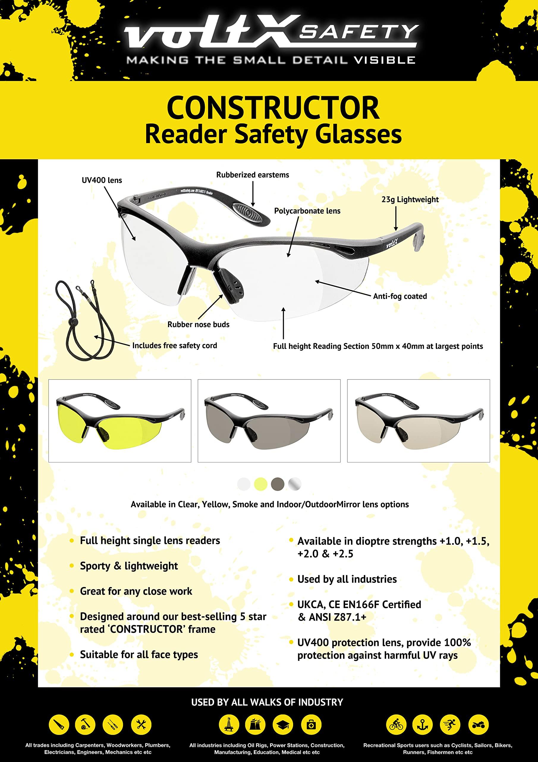 voltX voltX \'Constructor\' SAFETY READERS (CLEAR +1.0 Dioptre) Full Lens Reading Safety Glasses ANSI Z87.1+ & CE EN166F, Wraparound Style - Includes Safety Cord with headstop - UV400 anti fog coated lens