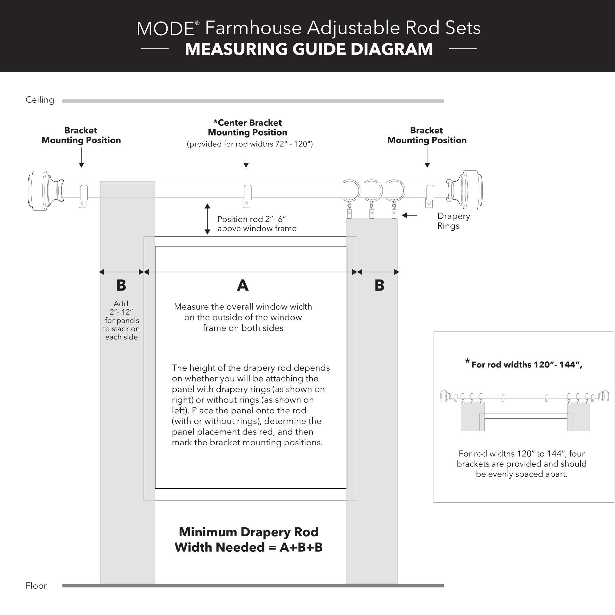MODE MODE Farmhouse Collection 1 1/8" Diameter Curtain Rod Set with Cottage Square Curtain Rod Finials and Steel Wall Mounted Adjustable Curtain Rod, Fits 72 to 144 Windows, Weathered Black