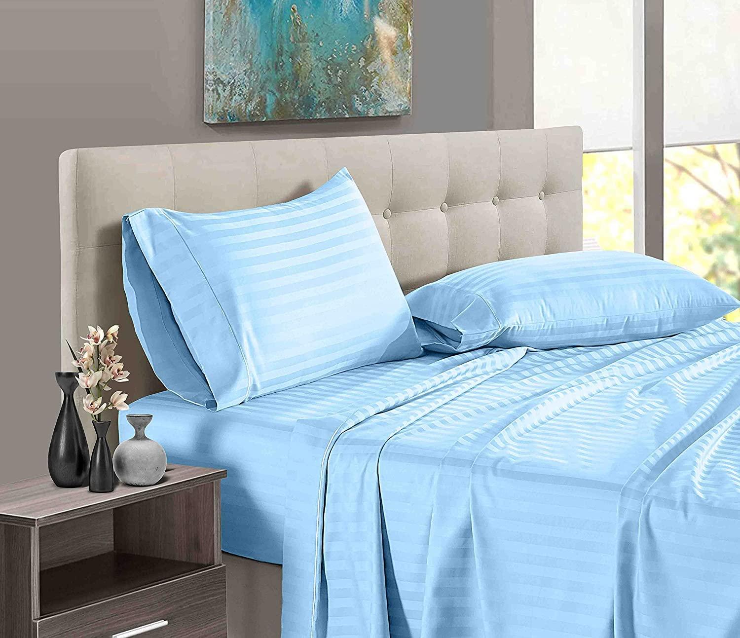 DIFFERENT SHEETING DIFFERENT SHEETING Cotton Sheets Set 4 Piece, 100% Egyptian Cotton 600 Thread Count, Fitted Sheets fitt Upto 15 Inch Deep Pocket, Crisp Cool and Strong Bed Linen Set- Light Blue Stripe Queen XL Size