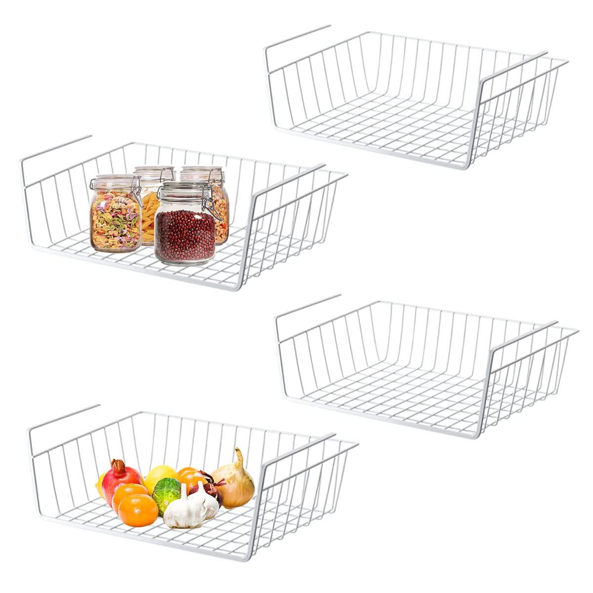 Vilive Vilive Under Shelf Storage Basket, Hanging Shelf Basket Slides Under Shelves for Storage Metal Under Cabinet Shelf Basket Organizer for Kitchen Pantry Desk Bookshelf (White Pack of 4)