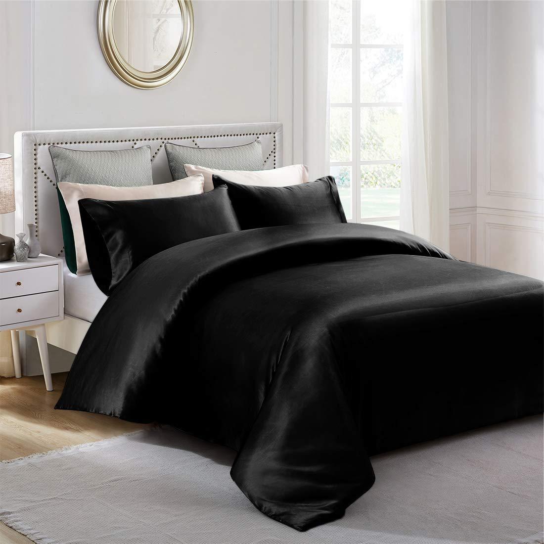 Splitsvilla 5 Piece Black Oversized King Size Satin Duvet Cover Set,100% Satin High Thread Count,Ultra Soft Silk Like Satin Bedding Set with Zipper & Corner Ties All Seasons Comforter Cover 4 Pillow Shams