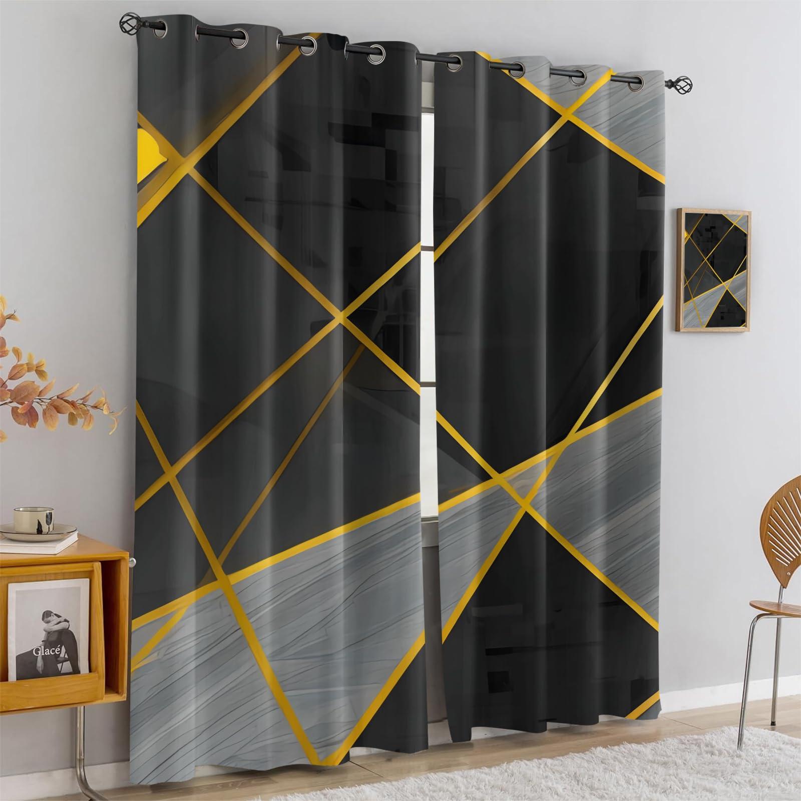 FNOIMO Black and Gray Irregular Geometry Blackout Curtains, Golden Luxury Abstract Lines Grommet Drapes 2 Panel Set, Grommet Thermal Insulated Window Curtain for Living Room Bedroom Office 104"W x 84"L