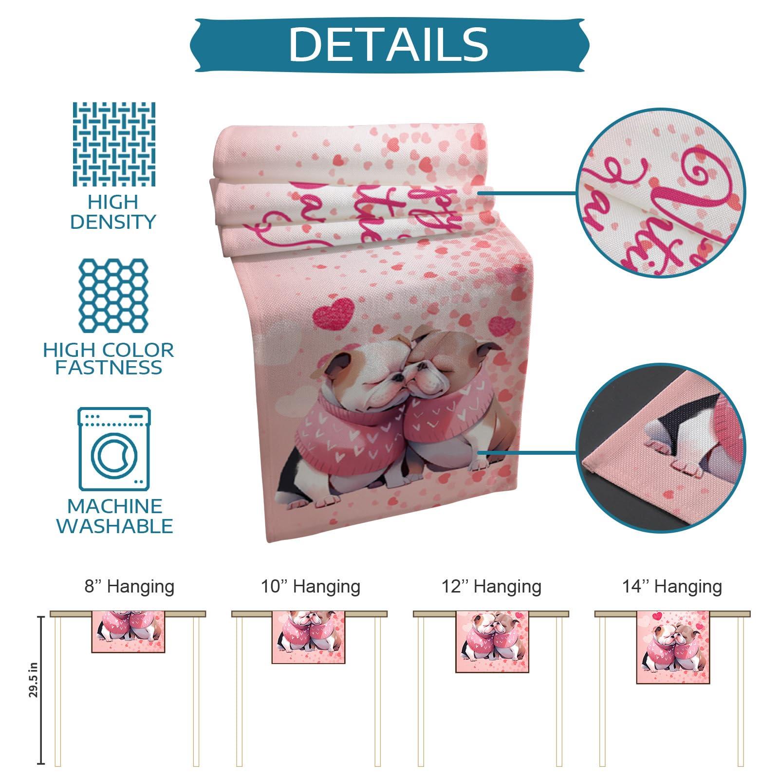 Falaniique Valentine\'s Day Table Runner 90 Inches Long, Cotton Linen Kitchen Dinner Table Runners, Burlap Tablerunner for Dresser/Dining/Party/Wedding, Romantic Dogs Sweet Heart Love Pink