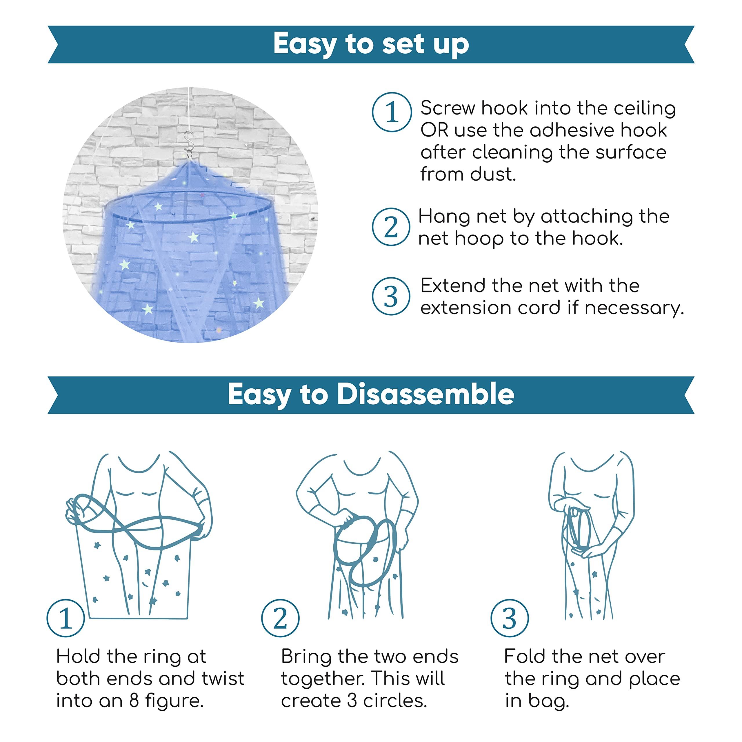 Bollepo Blue Canopy Bed, Blue Bed Canopy with Glow in The Dark Stars for Girls, Boys, Kids and Babies, Net Use to Cover The Baby, Kid Bed, Girls Bed Or Full Size Bed, Fire Retardant Fabric