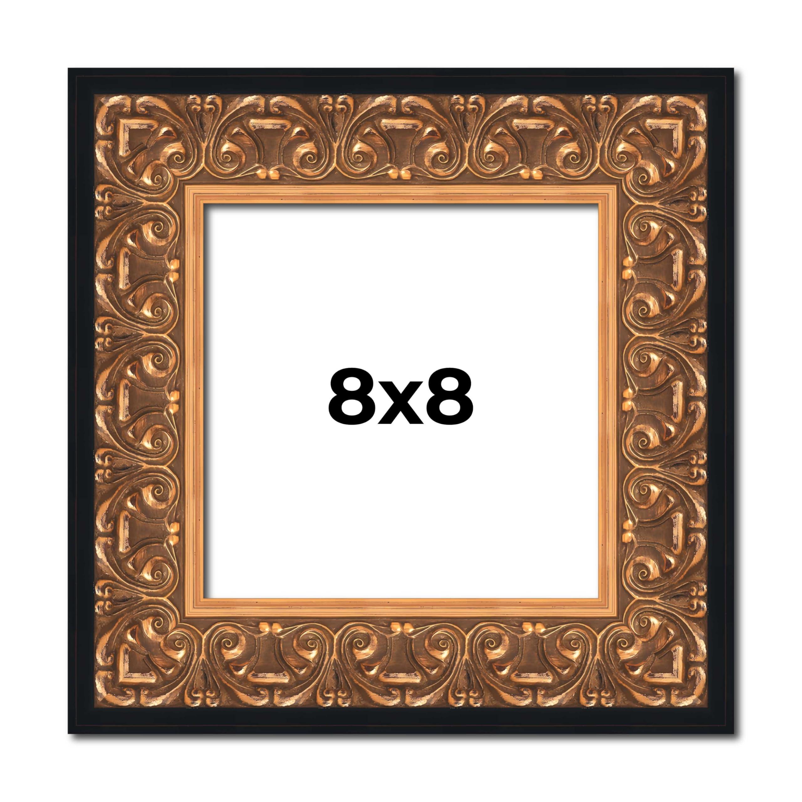 Poster Palooza Poster Palooza 8x8 Frame Gold Ornate Furio Solid Wood Picture Frame | 2.75 Inch Moulding Width | with UV Acrylic Plexiglass, Foam Board Backing & Hanging Hardware Included