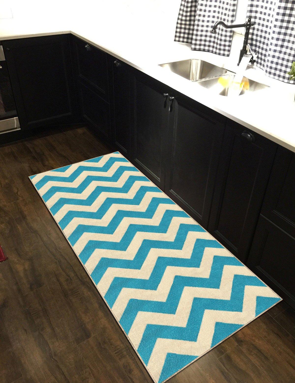 Kapaqua Custom Size Blue Chevron Zig Zag Rubber Backed Non-Slip Hallway Stair Runner Rug Carpet 31 inch Wide Choose Your Length 31in X 26ft