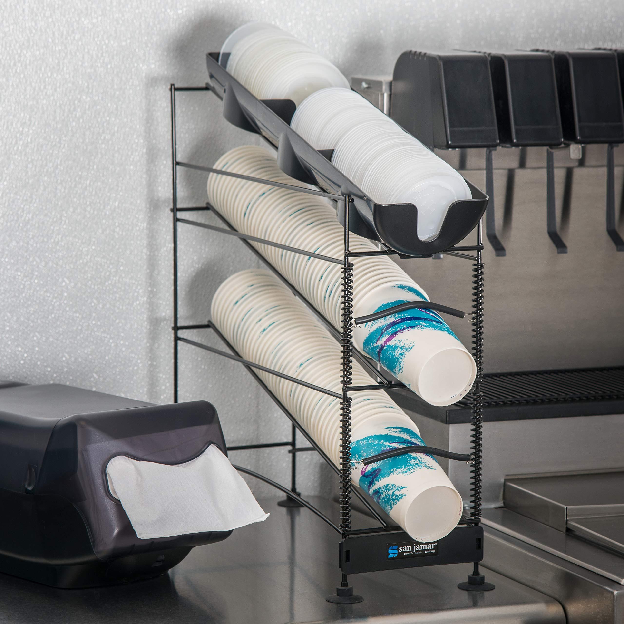 Carlisle Paddles San Jamar Wireworks Cup and Lid Dispenser Fits 8 - 44 Oz. Cups, 4 Tiers with Suction Cup Feet for Restaurants, Fast Food, And Kitchens, Plastic, 8.25 X 21.25 X 28 Inches, Black