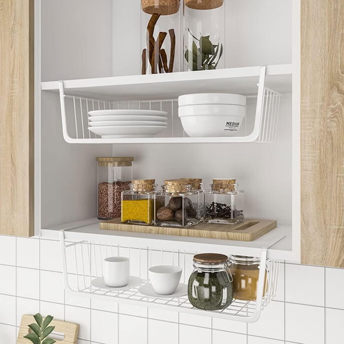 Vilive Vilive Under Shelf Storage Basket, Hanging Shelf Basket Slides Under Shelves for Storage Metal Under Cabinet Shelf Basket Organizer for Kitchen Pantry Desk Bookshelf (White Pack of 4)