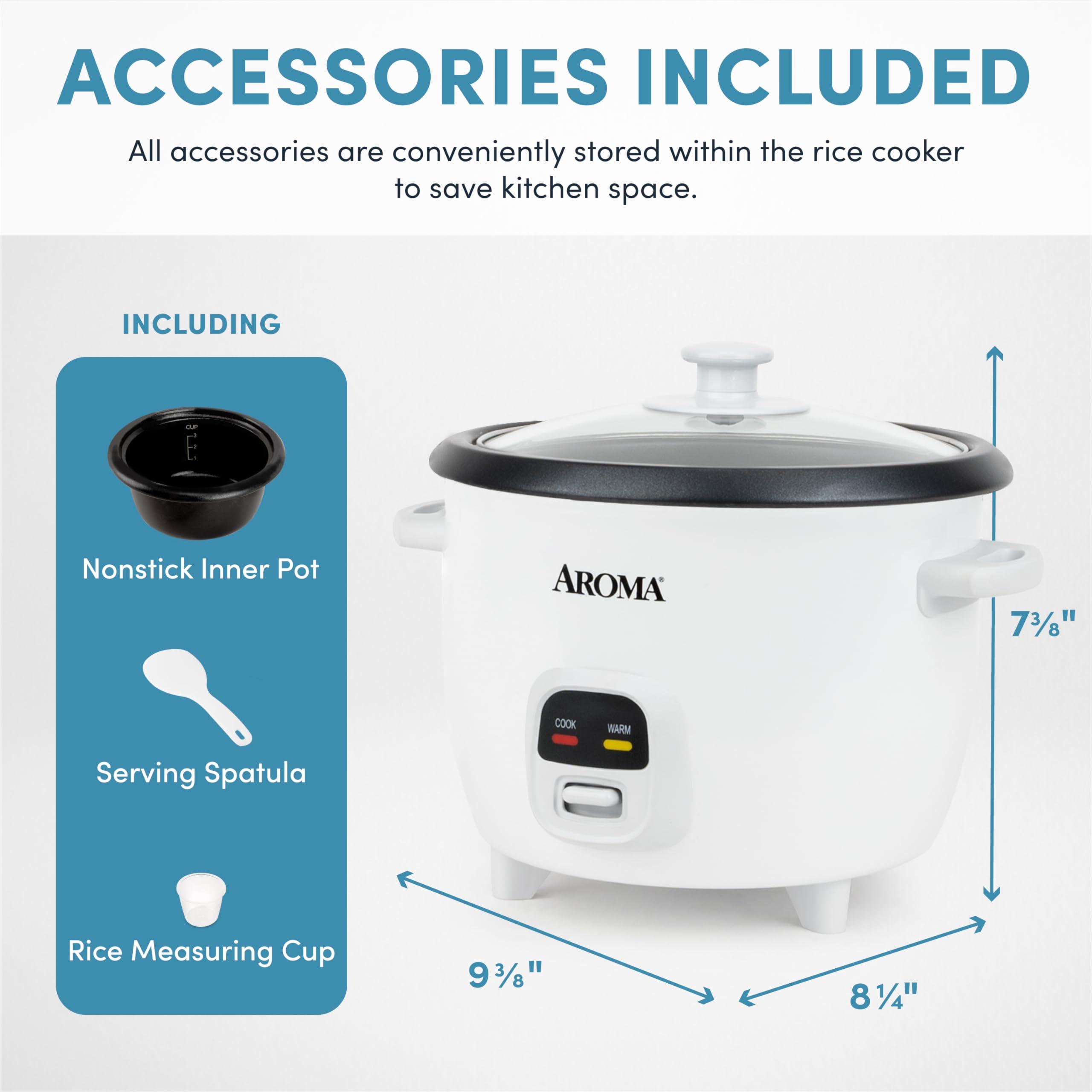 Aroma Housewares AROMA Rice Cooker, 3-Cup (Uncooked) / 6-Cup (Cooked), Small Rice Cooker, Oatmeal Cooker, Soup Maker, Auto Keep Warm, 1.5 Qt, White, ARC-393NG