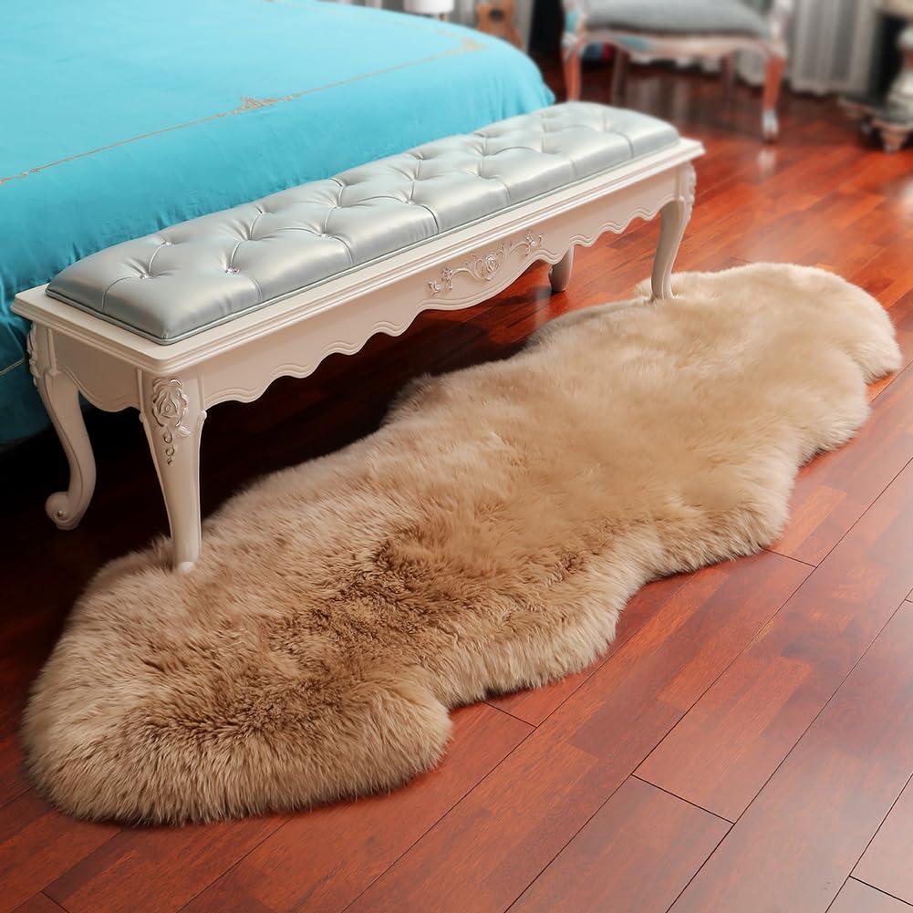 IRIWOOL IRIWOOL Premium Genuine Fur Sheepskin Rug Real Australia Sheepskin Natural Luxury Fluffy Lambskin Fur Area Rug Seat Covers for Kids Bedroom Sofa Chair Cover (Light Brown, Double Pelt/2ft x 6ft)