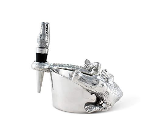 Arthur Court Arthur Court Designs Aluminum Alligator Wine Coaster / Holder and Bottle Stopper Set Gator Florida Décor 4 inch Diameter 3.5 inch Tall