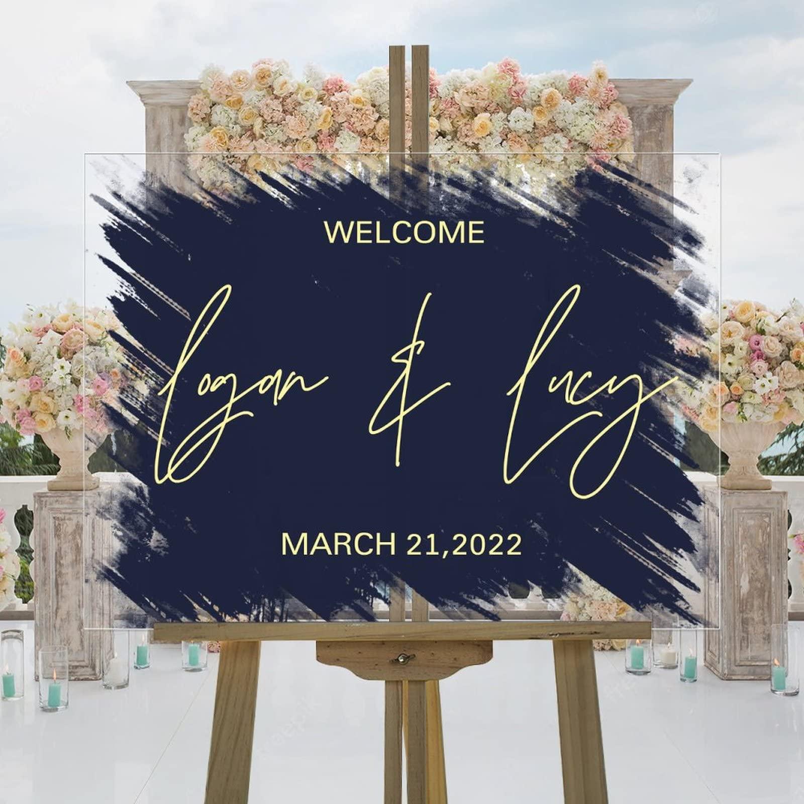 Generic And So Adventure Begins Personalized Welcome Wedding Sign Navy Blue Back Paint Gold Art Font Wedding Ceremony Sign Modern Acrylic Reception Decorations Party Signs for Wedding Ceremony 18x24in