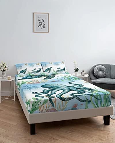 Chucoco Cal King Fitted Sheet Deep Pocket,Ocean Marine Life Turtle Octopus Compass Soft Microfiber Brushed Bed Sheet & Pillowcase Set,Seahorse Starfish Nautical Hotel Fitted Bottom Sheets All Around Elastic